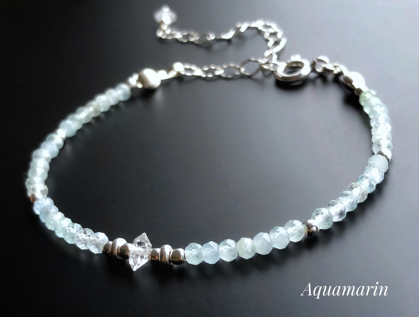 Geburtsstein Armband mit Herkimer, Rosa Turmalin, Aquamarin, Blautopas, Mondstein, Stapelarmband mit Steinen, Silber, Gold, Roségold