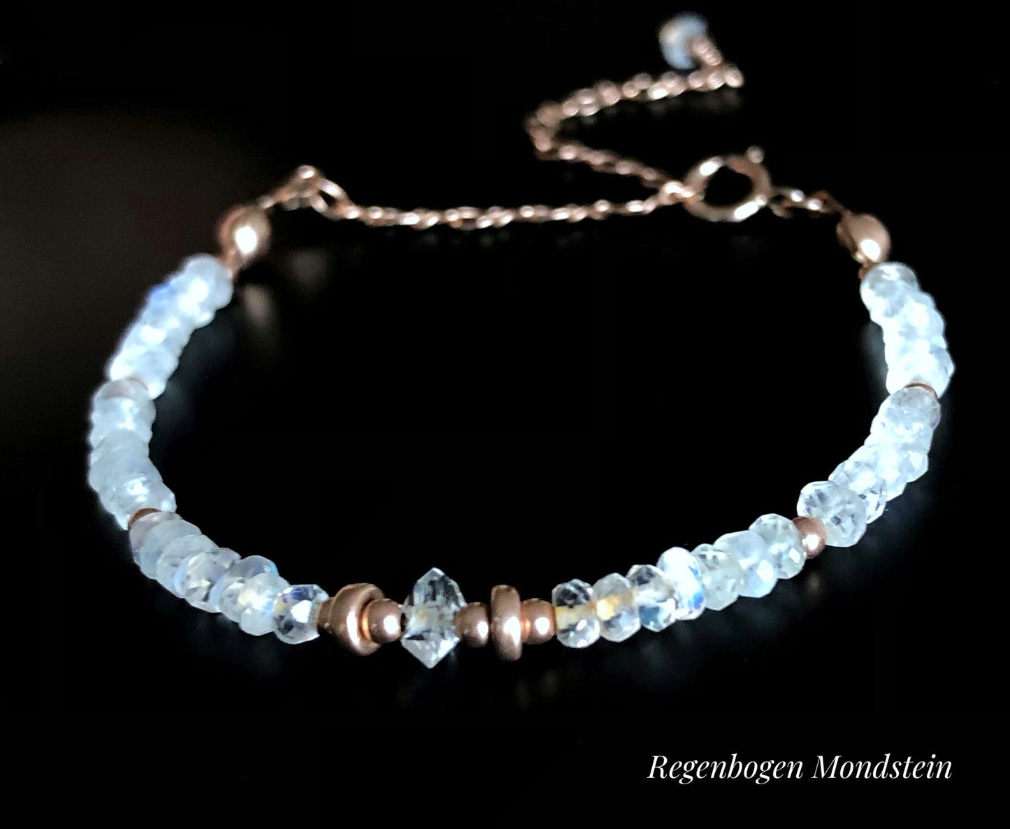 Geburtsstein Armband mit Herkimer, Rosa Turmalin, Aquamarin, Blautopas, Mondstein, Stapelarmband mit Steinen, Silber, Gold, Roségold
