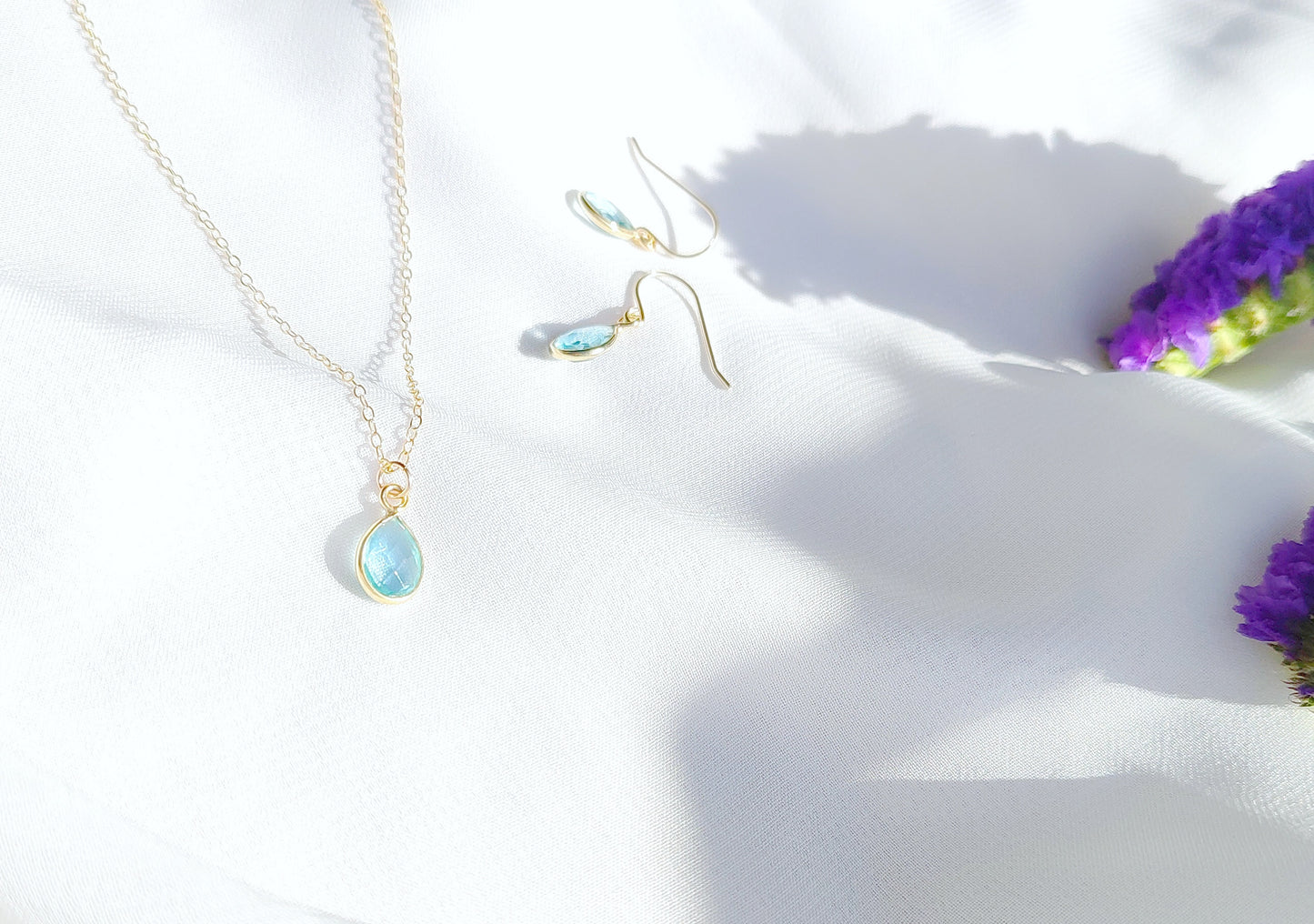 Aquamarin Set Gold oder Silber, Halskette mit Ohrringe, Geschenk für