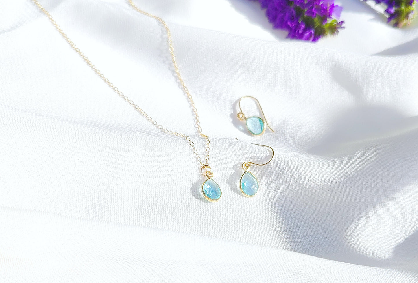 Aquamarin Set Gold oder Silber, Halskette mit Ohrringe, Geschenk für