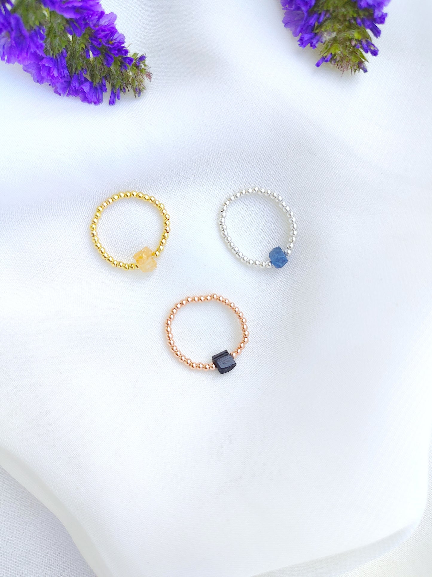 Mini Rohstein Ring, Elastischer Geburtsstein Ringe aus 925 Sterling Silber, Gold Rosegold vergoldet