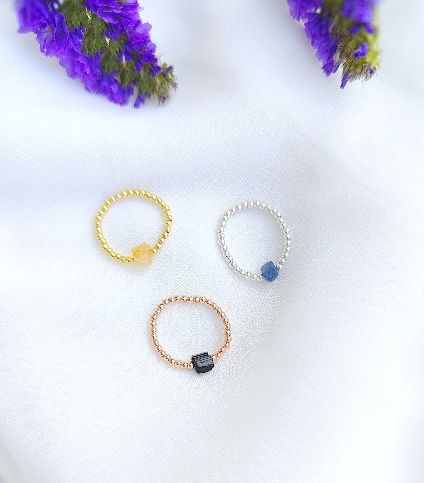 Mini Rohstein Ring, Elastischer Geburtsstein Ringe aus 925 Sterling Silber, Gold Rosegold vergoldet