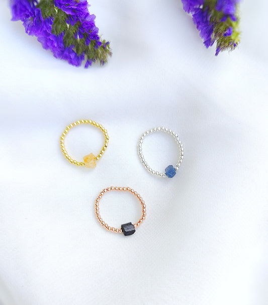 Mini Rohstein Ring, Elastischer Geburtsstein Ringe aus 925 Sterling Silber, Gold Rosegold vergoldet