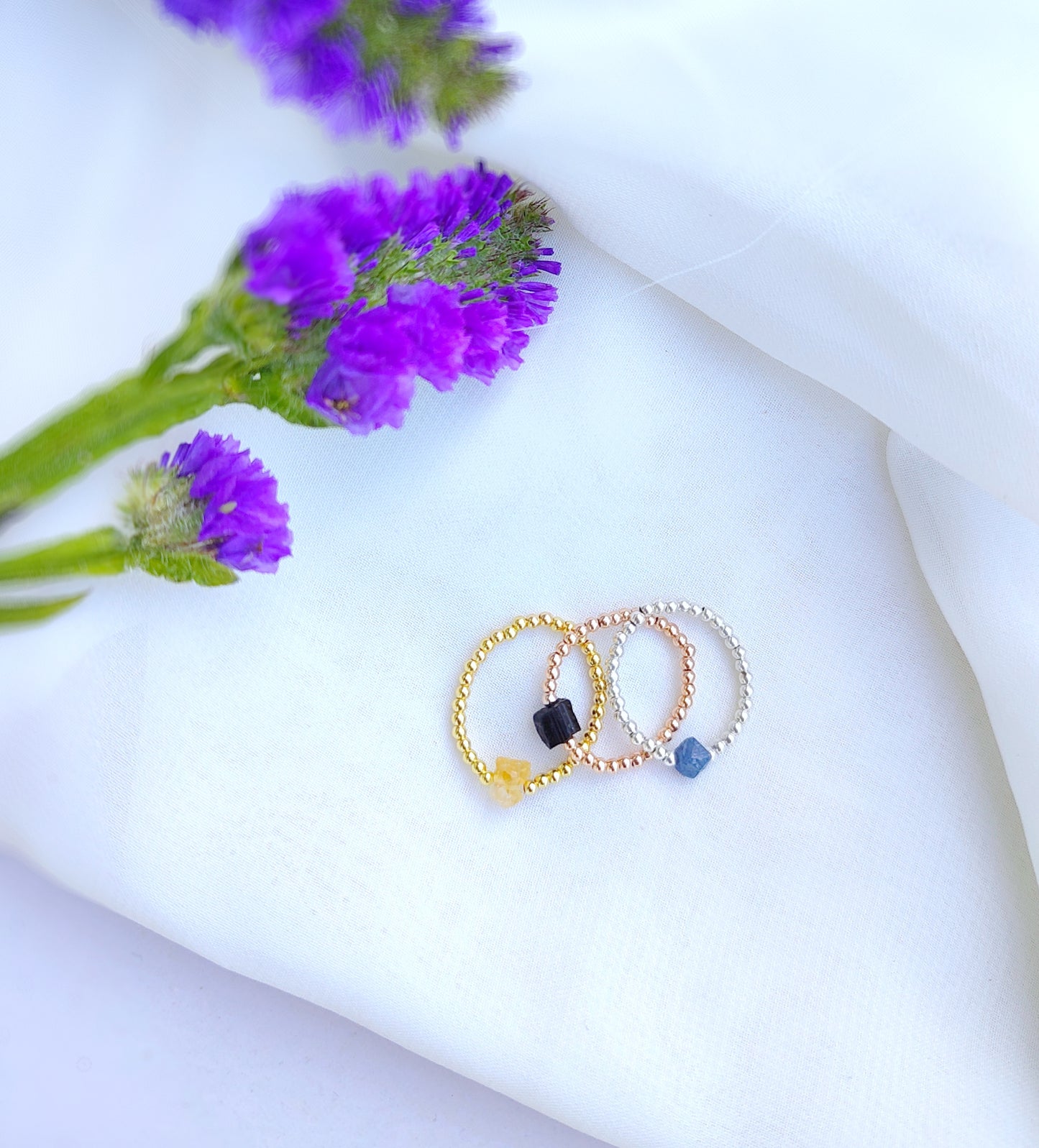 Mini Rohstein Ring, Elastischer Geburtsstein Ringe aus 925 Sterling Silber, Gold Rosegold vergoldet