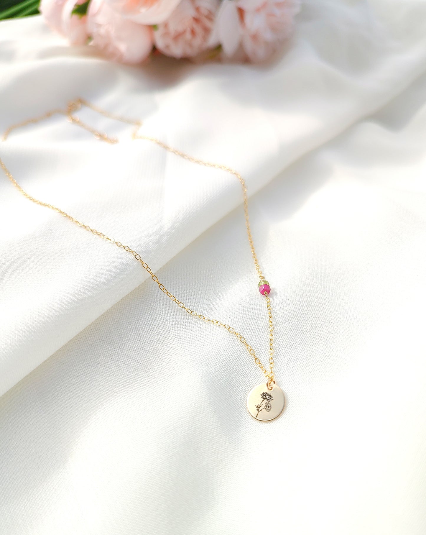 Personalisierte Halskette mit Geburtsstein und Geburtsblume, 925 Sterling Silber, Gold Filled und Roségold filled