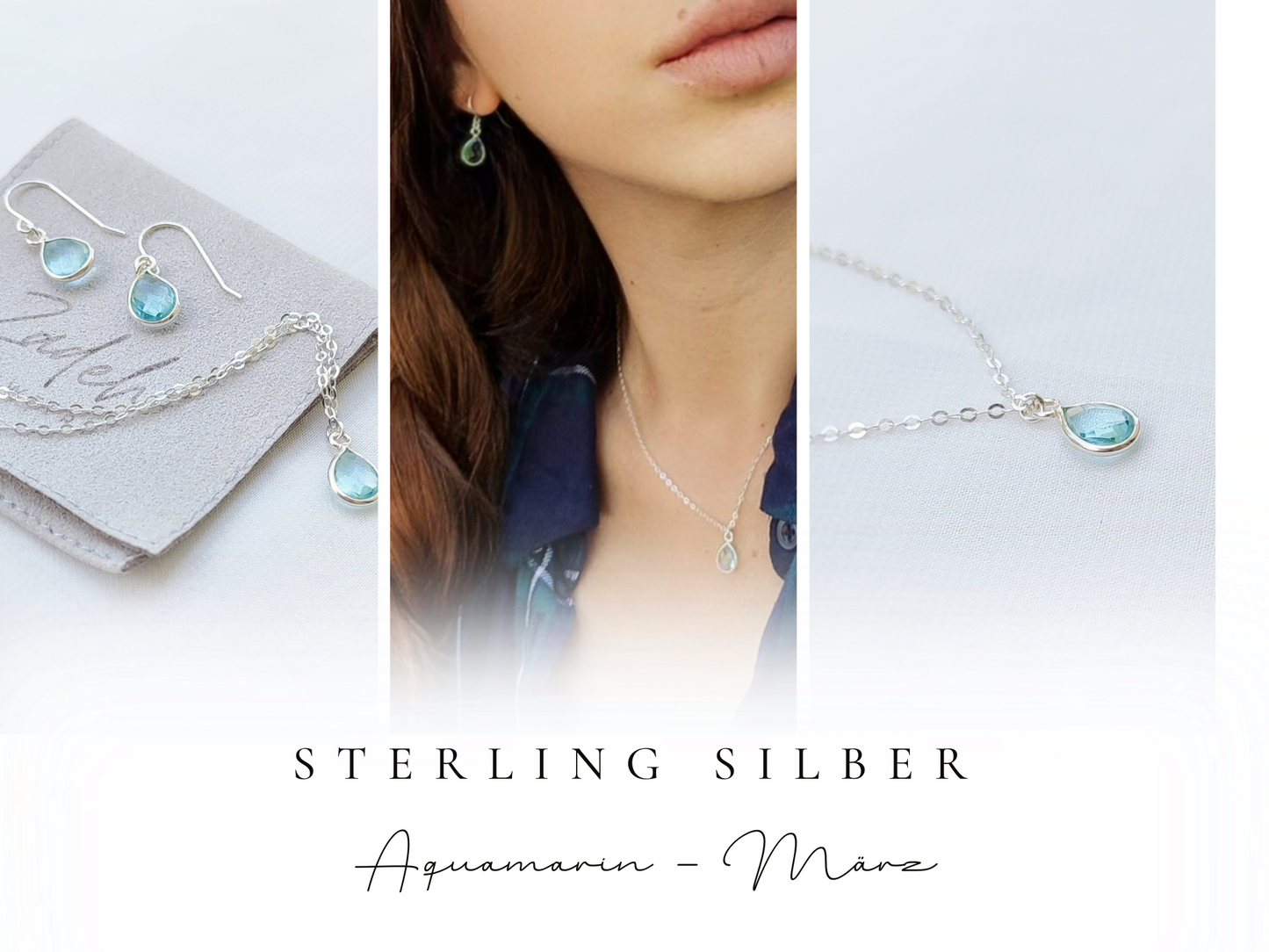 Aquamarin Kette mit Tropfen Anhänger, 925 Sterling Silber