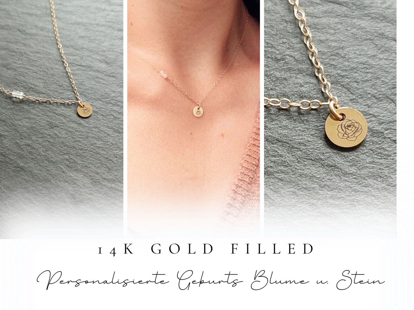 Personalisierte Halskette mit Geburtsstein und Geburtsblume, 925 Sterling Silber, Gold Filled und Roségold filled