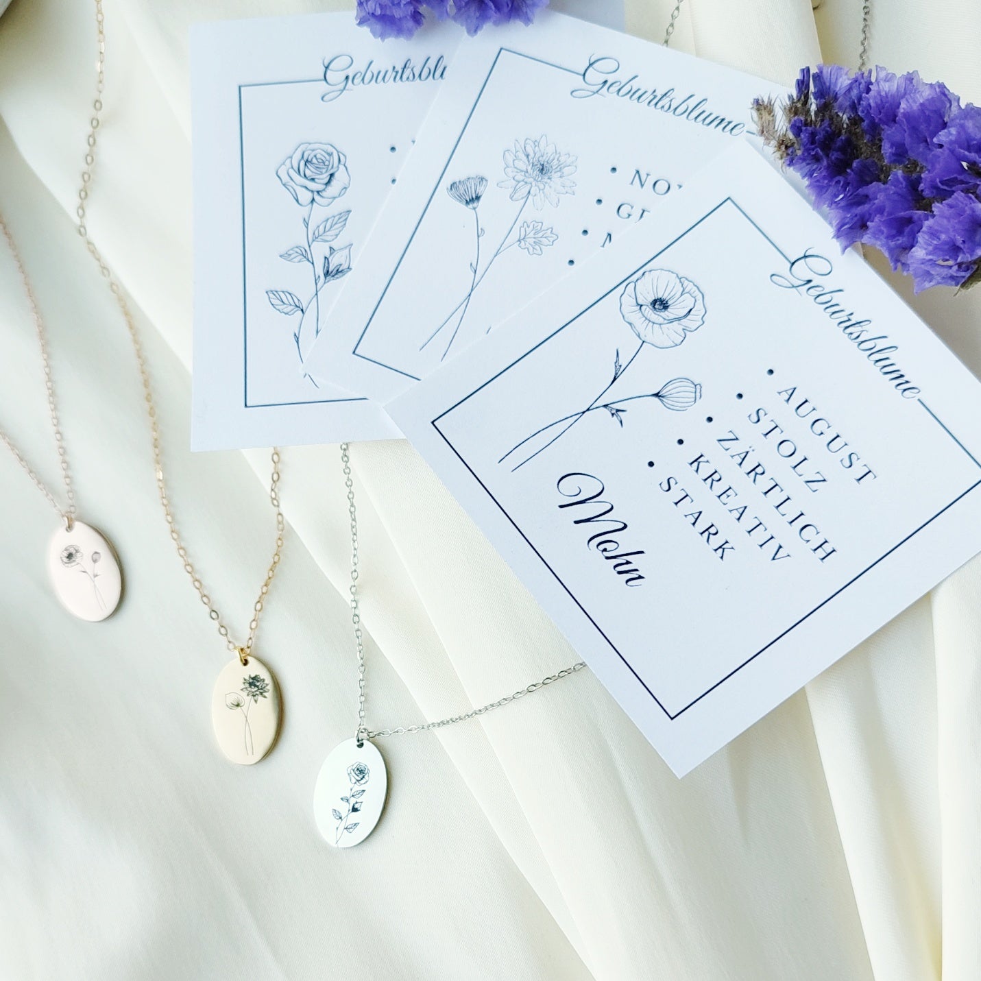 Personalisierte Geburtsblumenkette in Gold, Silber und Roségold, Halskette mit Geburtsblume