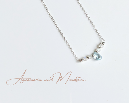 Zarte Aquamarin Kette mit Mondstein, Filigrane Goldkette mit Aquamarin Tropfen, Minimalistischer Schmuck für Frauen
