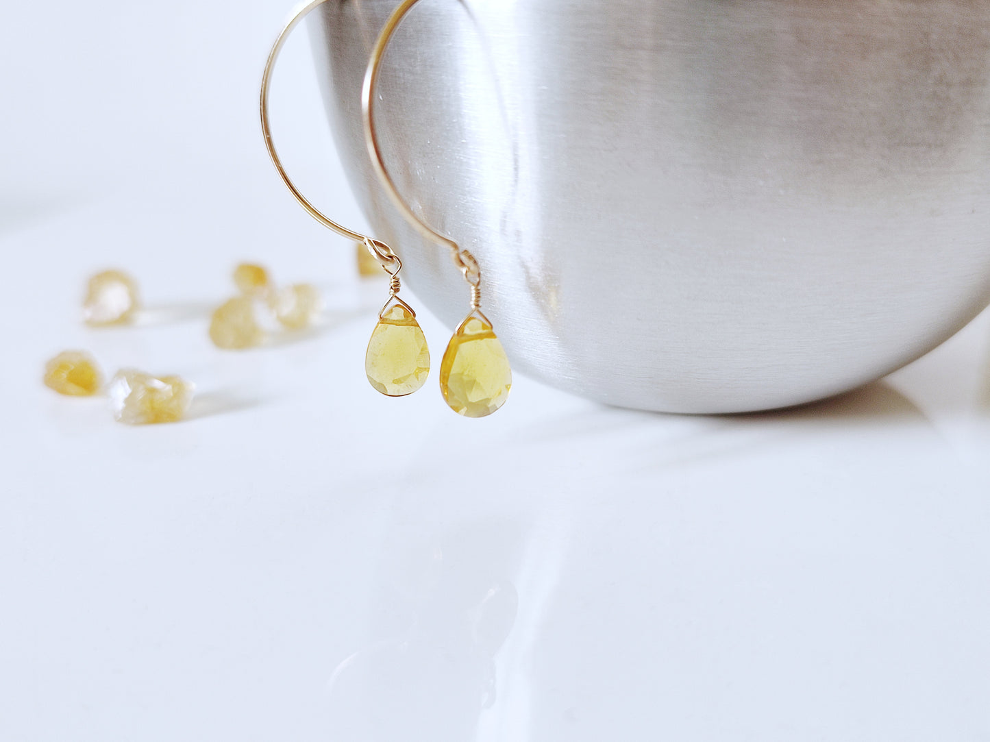 Citrin Tropfen Creolen, Ohrringe in Gold, Roségold Filled oder Sterling Silber