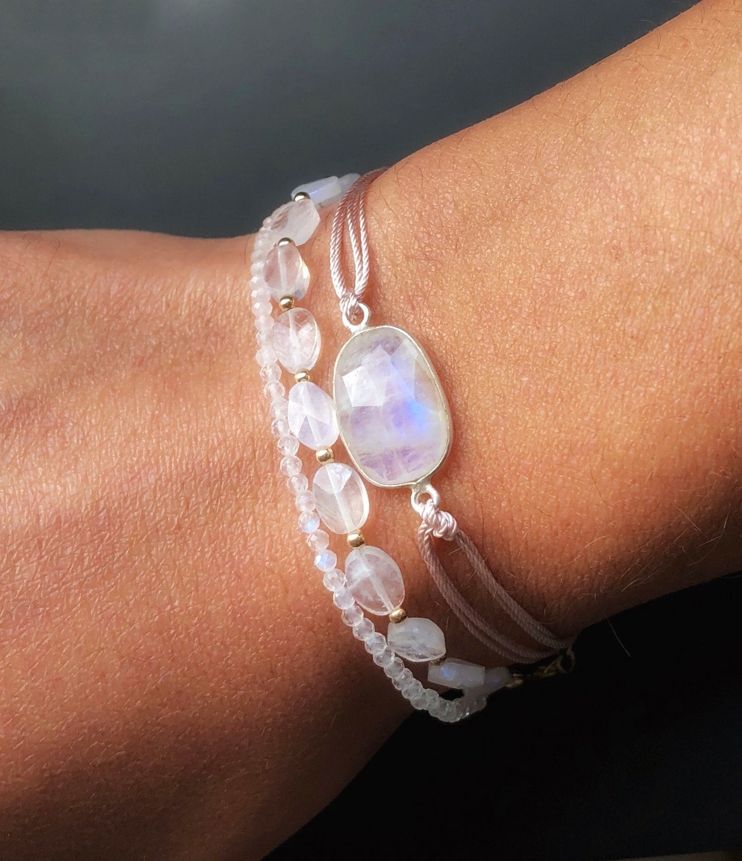 Dünnes Stapelarmband mit Mondstein und Morganit, Regenbogen Mondstein Armband, 925 Sterling Silber, Gold Filled, Rosègold Filled
