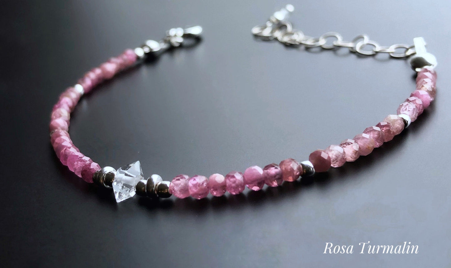 Geburtsstein Armband mit Herkimer, Rosa Turmalin, Aquamarin, Blautopas, Mondstein, Stapelarmband mit Steinen, Silber, Gold, Roségold