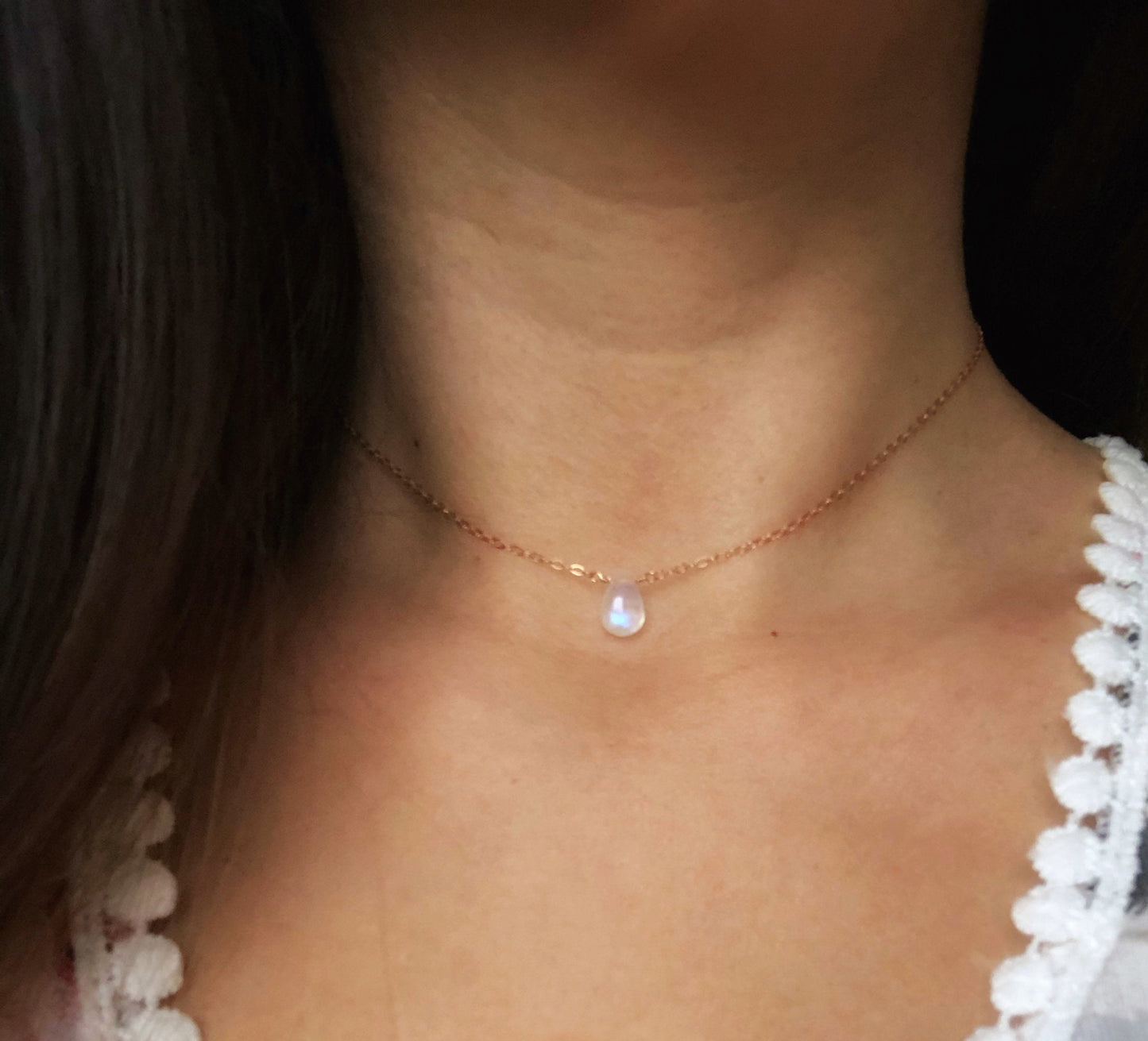Zarte Mondsteinkette, Regenbogen Mondstein, 925 Sterling Silber, Goldfill, Rosègold Filled, Minimalistisches Schmuck für Frauen