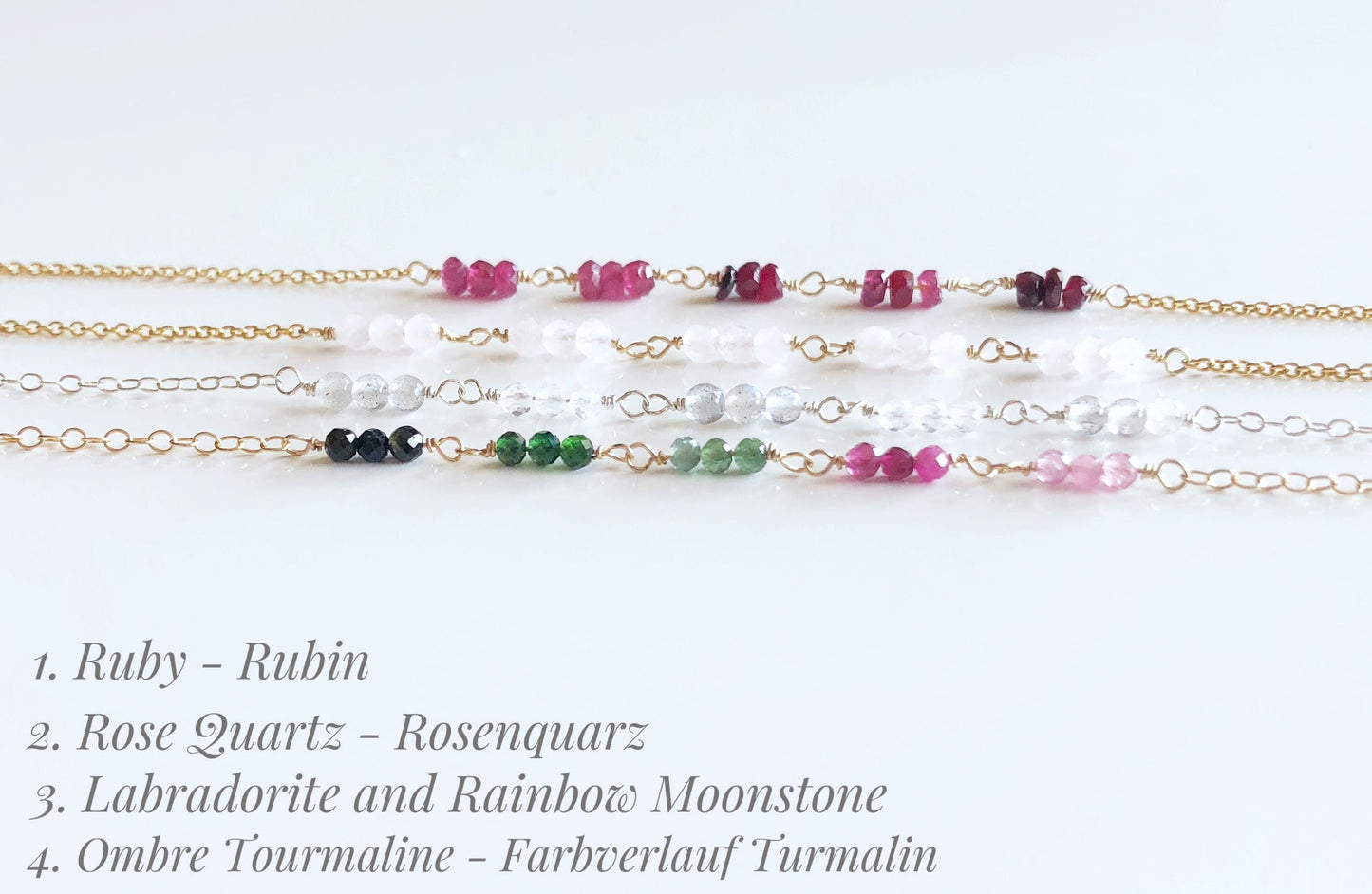 Zartes Armband mit Farbverlauf, Turmalin Armkettchen, Rubin, Rosenquarz, Labradorit, Mondstein