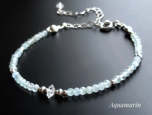 Geburtsstein Armband mit Herkimer, Rosa Turmalin, Aquamarin, Blautopas, Mondstein, Stapelarmband mit Steinen, Silber, Gold, Roségold