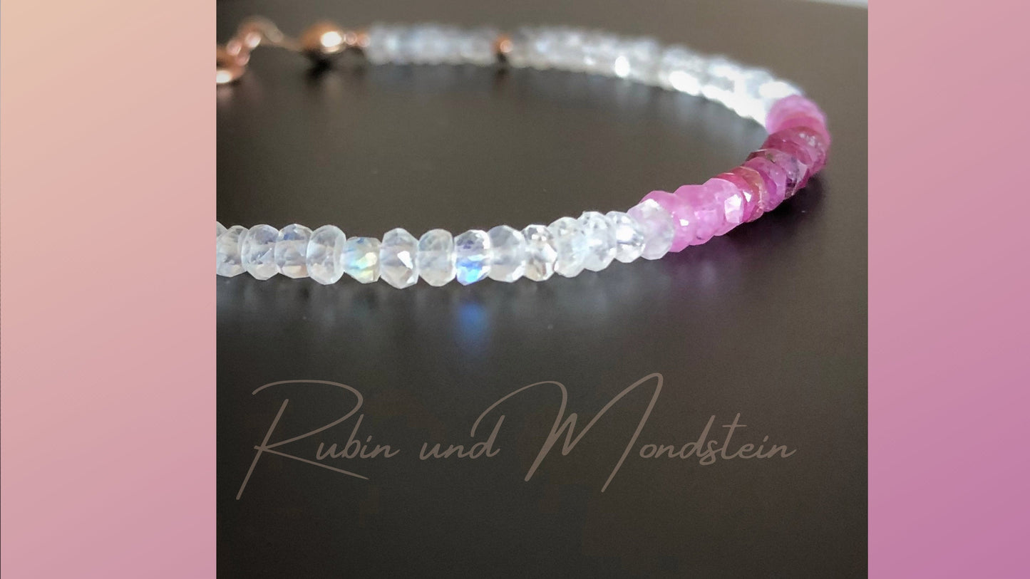 Rubin und Mondstein Armband, Geburtsstein Armband für Juni, Juli Geburtstag, Perlenarmband mit Farbverlauf