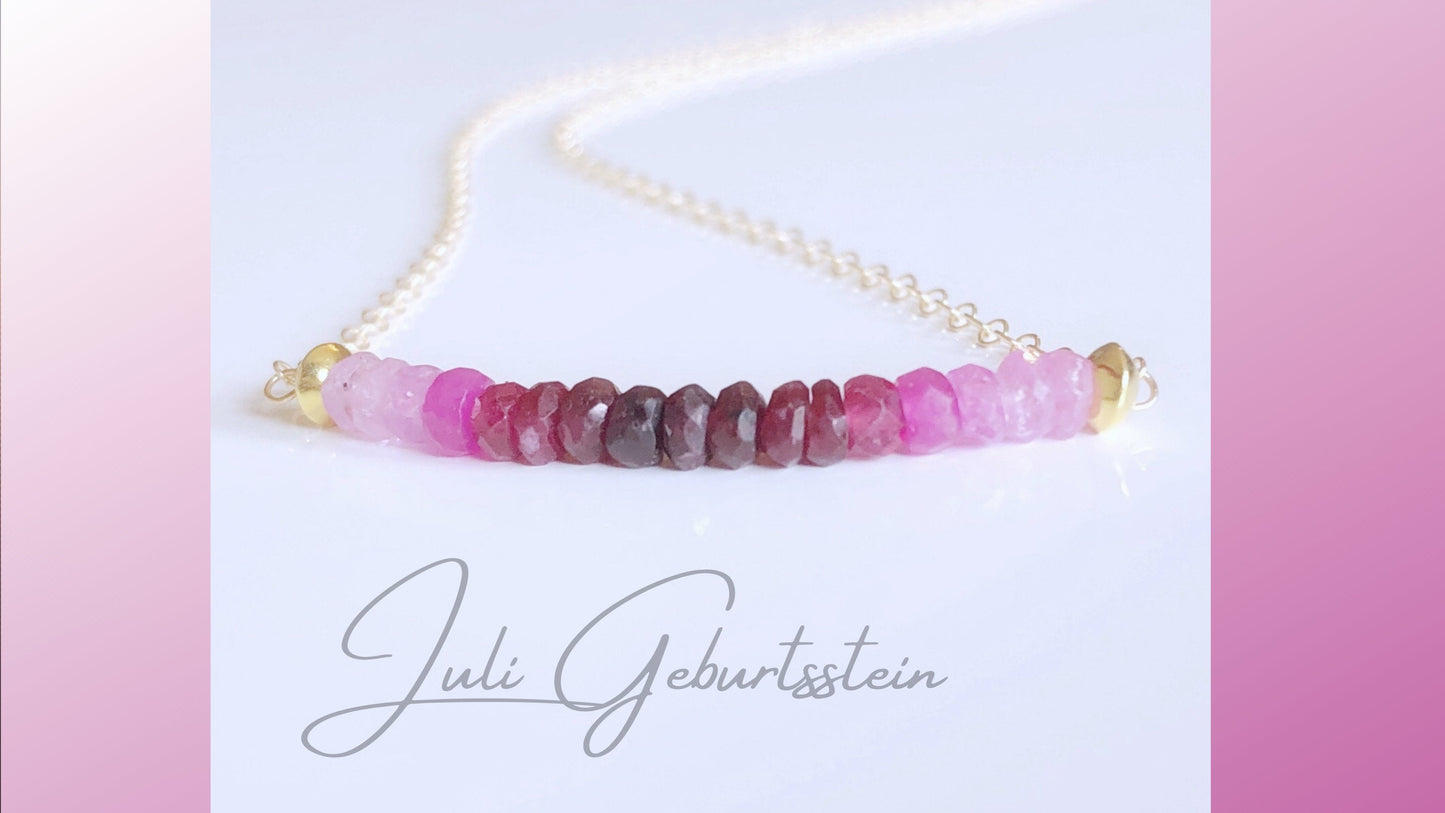Rubin Halskette mit Farbverlauf, Juli Geburtsstein Kette, Zarte Edelstein Halskette in Rosa
