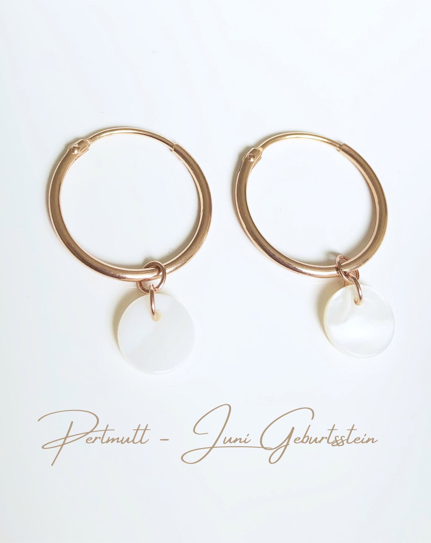 Roségold Creolen mit Perlmutt Anhänger, Auswechselbare Ohrringe, Hänge Ohrringe mit Plättchen, Gold filled Creolen, Sterling Silber Creolen