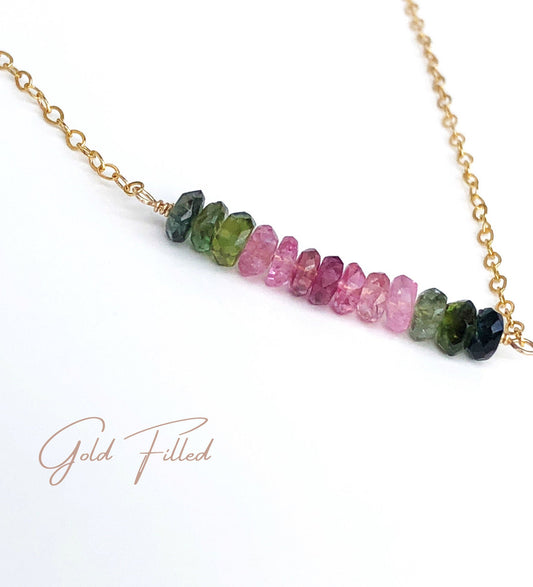 Bunte Turmalin Halskette, Wassermelonen Turmalin Kette, Zarte Layering Halskette mit Turmalin Perlen, Oktober Geburtsstein