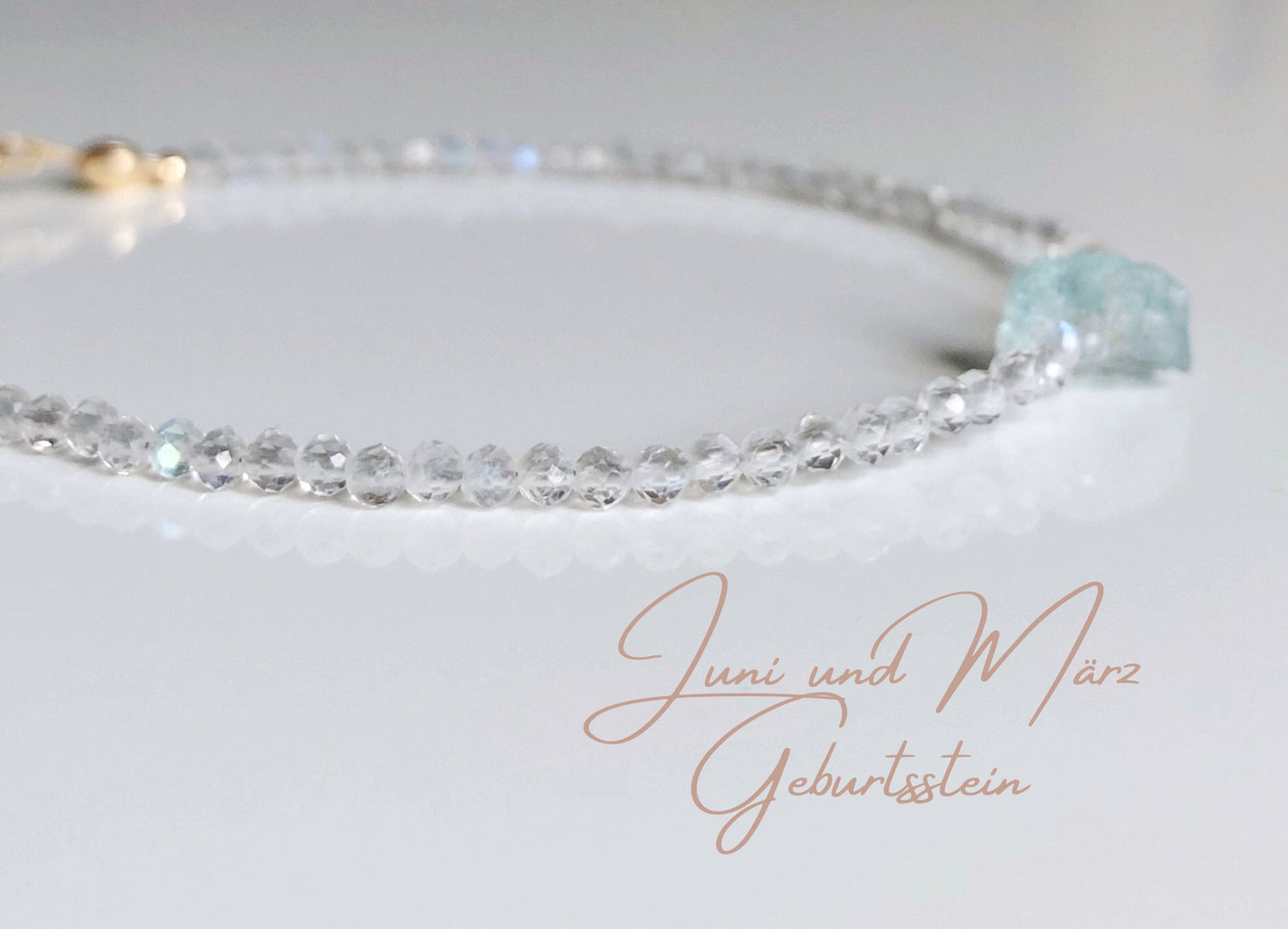 Mondstein Armband mit Aquamarin Rohstein, Filigranes Armband mit Mondstein Perlen, Juni Geburtsstein, Geburtstagsgeschenke