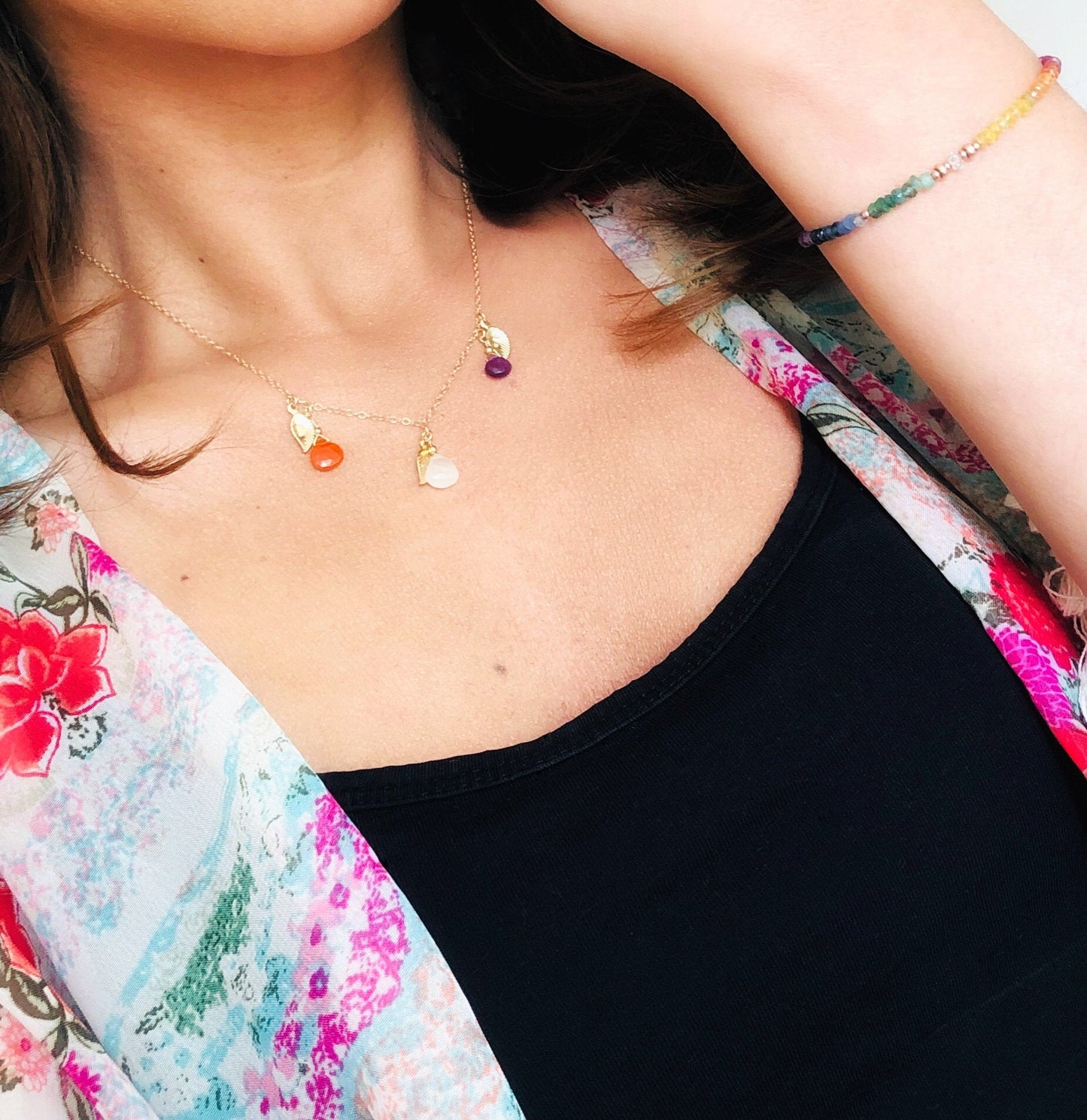 Personalisierte Familienkette mit Gravur, Initialen Halskette mit Geburtssteinen, Gold Filled Boho Halskette