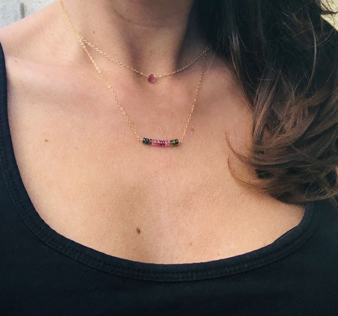 Bunte Turmalin Halskette, Wassermelonen Turmalin Kette, Zarte Layering Halskette mit Turmalin Perlen, Oktober Geburtsstein