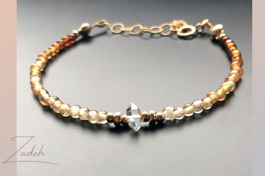 Hessonit Grant Armband mit Herkimer Bergkristall, Zartes Armband mit Farbverlauf, Januar Geburtsstein