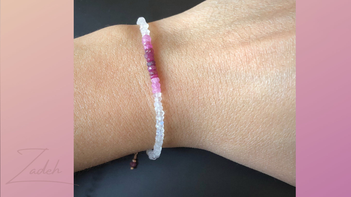 Rubin und Mondstein Armband, Geburtsstein Armband für Juni, Juli Geburtstag, Perlenarmband mit Farbverlauf