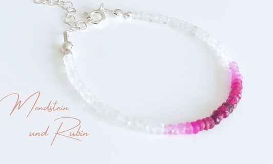 Rubin und Mondstein Armband, Geburtsstein Armband für Juni, Juli Geburtstag, Perlenarmband mit Farbverlauf
