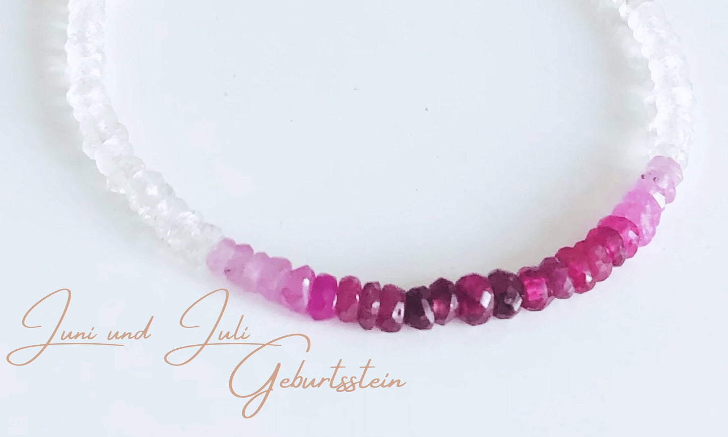 Rubin und Mondstein Armband, Geburtsstein Armband für Juni, Juli Geburtstag, Perlenarmband mit Farbverlauf