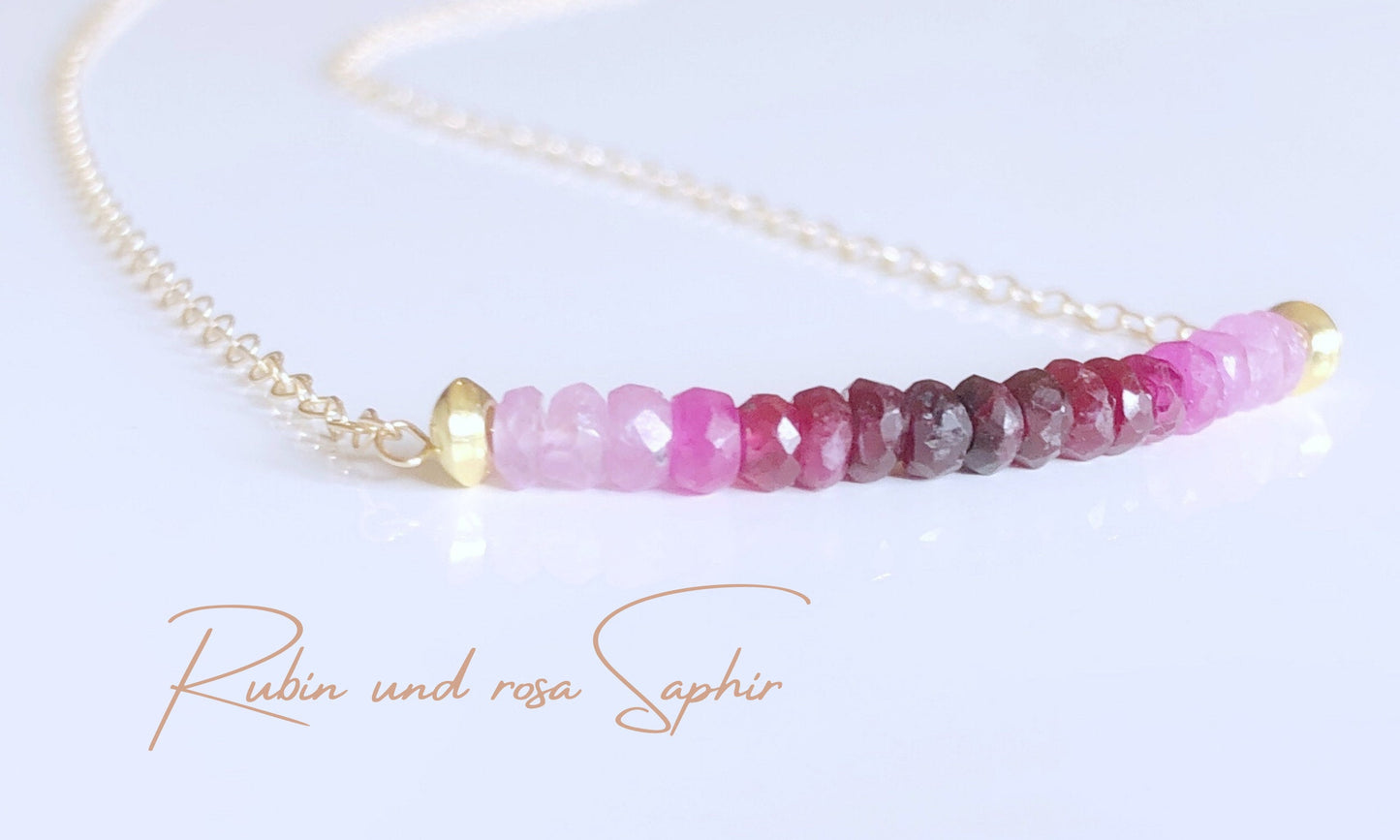Rubin Halskette mit Farbverlauf, Juli Geburtsstein Kette, Zarte Edelstein Halskette in Rosa