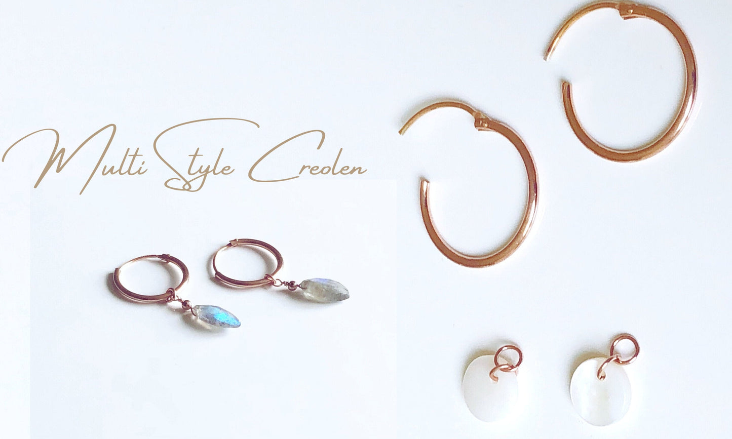 Roségold Creolen mit Perlmutt Anhänger, Auswechselbare Ohrringe, Hänge Ohrringe mit Plättchen, Gold filled Creolen, Sterling Silber Creolen