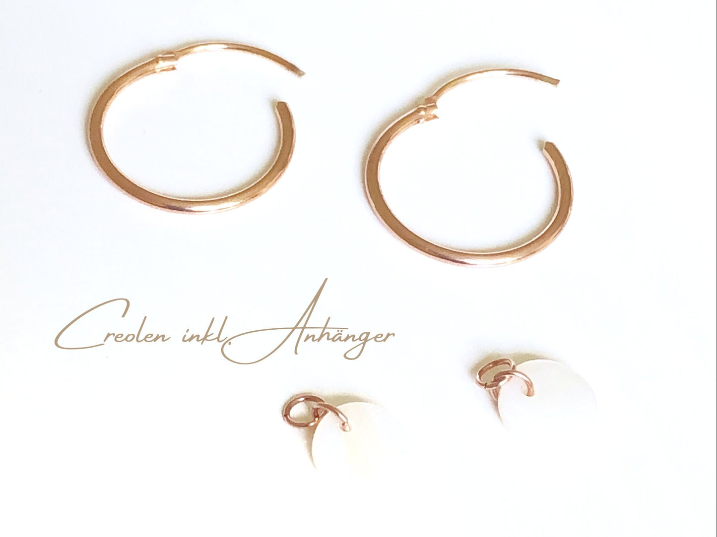 Roségold Creolen mit Perlmutt Anhänger, Auswechselbare Ohrringe, Hänge Ohrringe mit Plättchen, Gold filled Creolen, Sterling Silber Creolen