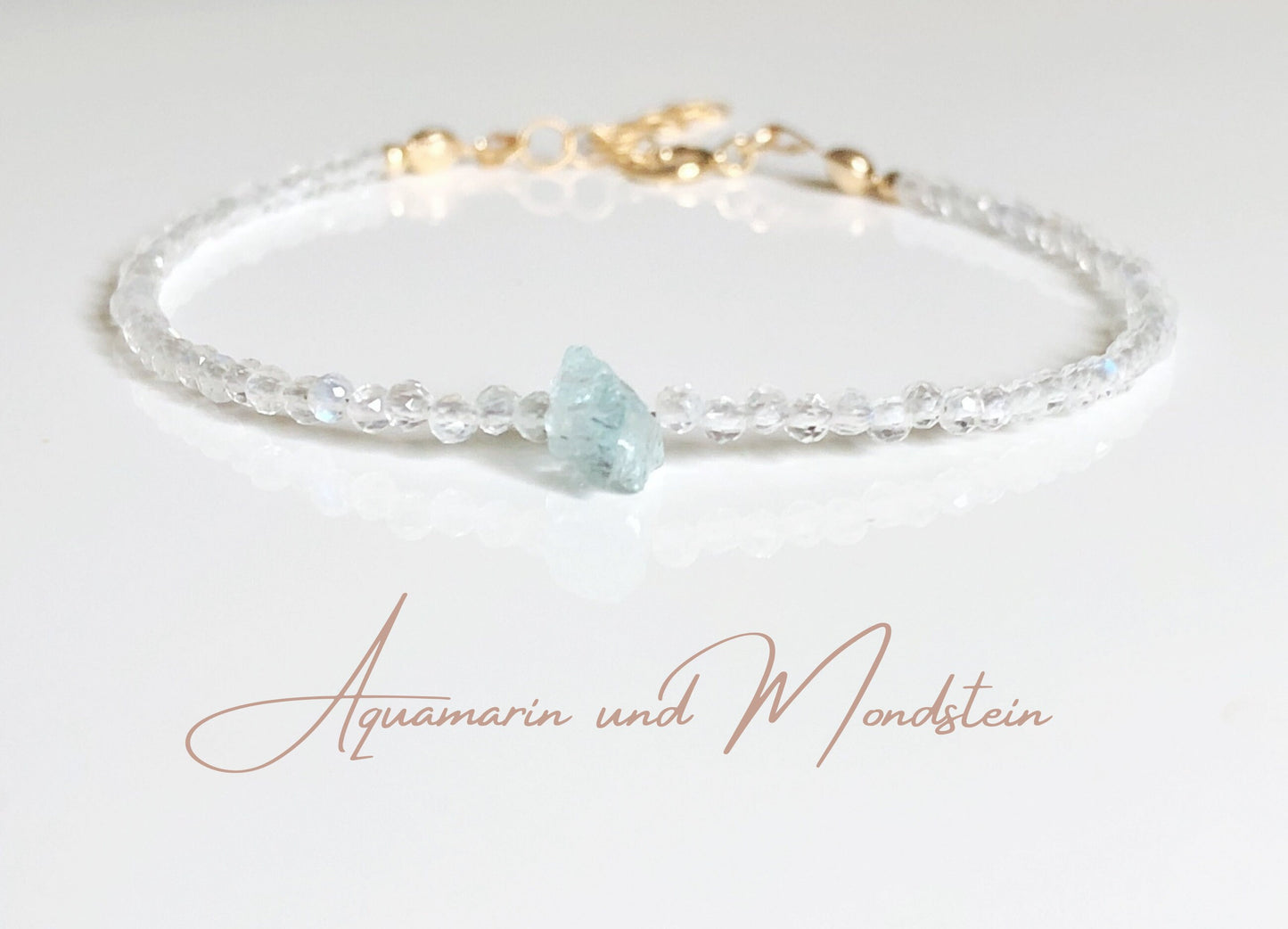 Mondstein Armband mit Aquamarin Rohstein, Filigranes Armband mit Mondstein Perlen, Juni Geburtsstein, Geburtstagsgeschenke