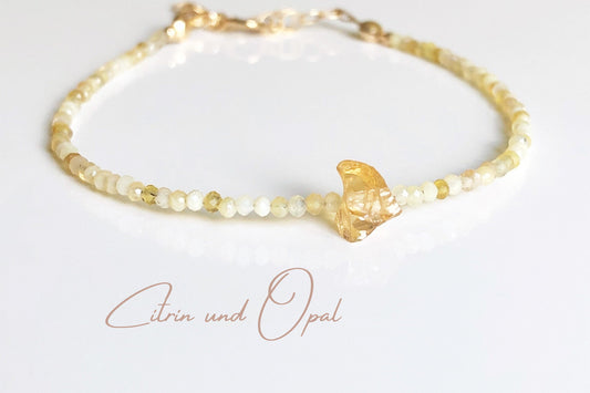 Citrin Armband mit Opal Perlen, Gelber Opal Schmuck, Citrin Rohstein, Oktober November Geburtsstein, Stapelarmband