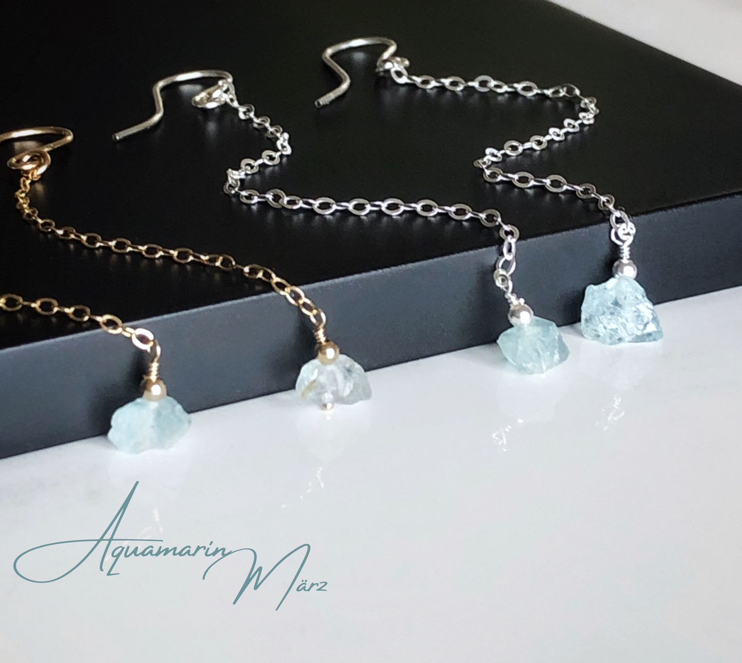 Lange Aquamarin Threader Ohrringe, Aquamarin Rohsteine