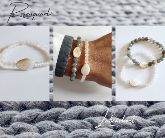 Labradorit oder Rosenquarz Armband mit Blatt