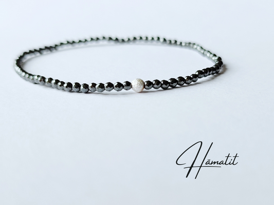 Hämatit Stretch Armband mit Sterling Silber Perle, Schwarzer Hämatit 2mm