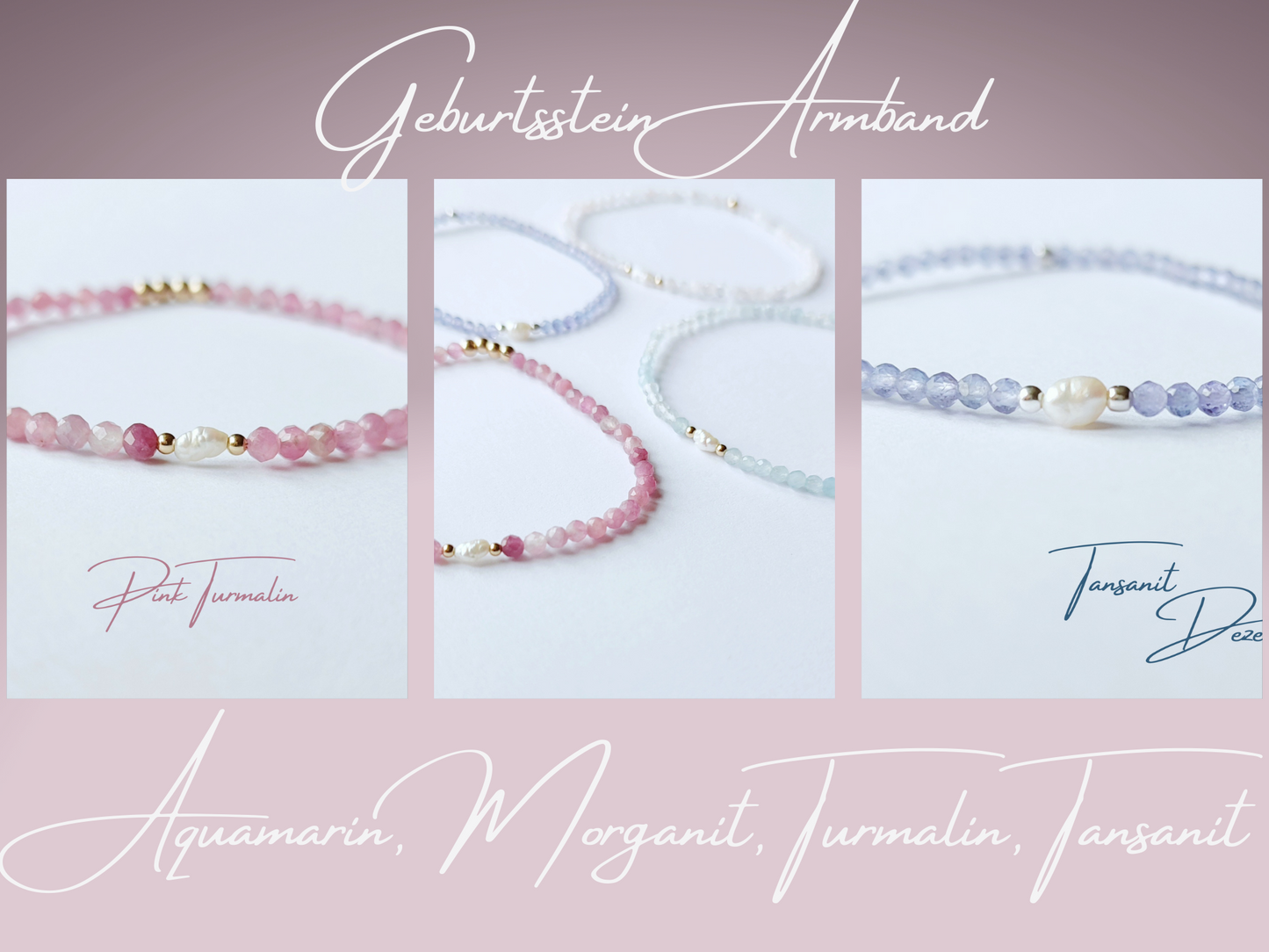 Zierliche Stretch Armbänder mit Perle und Turmalin, Tansanit, Aquamarin oder Morganit Armband