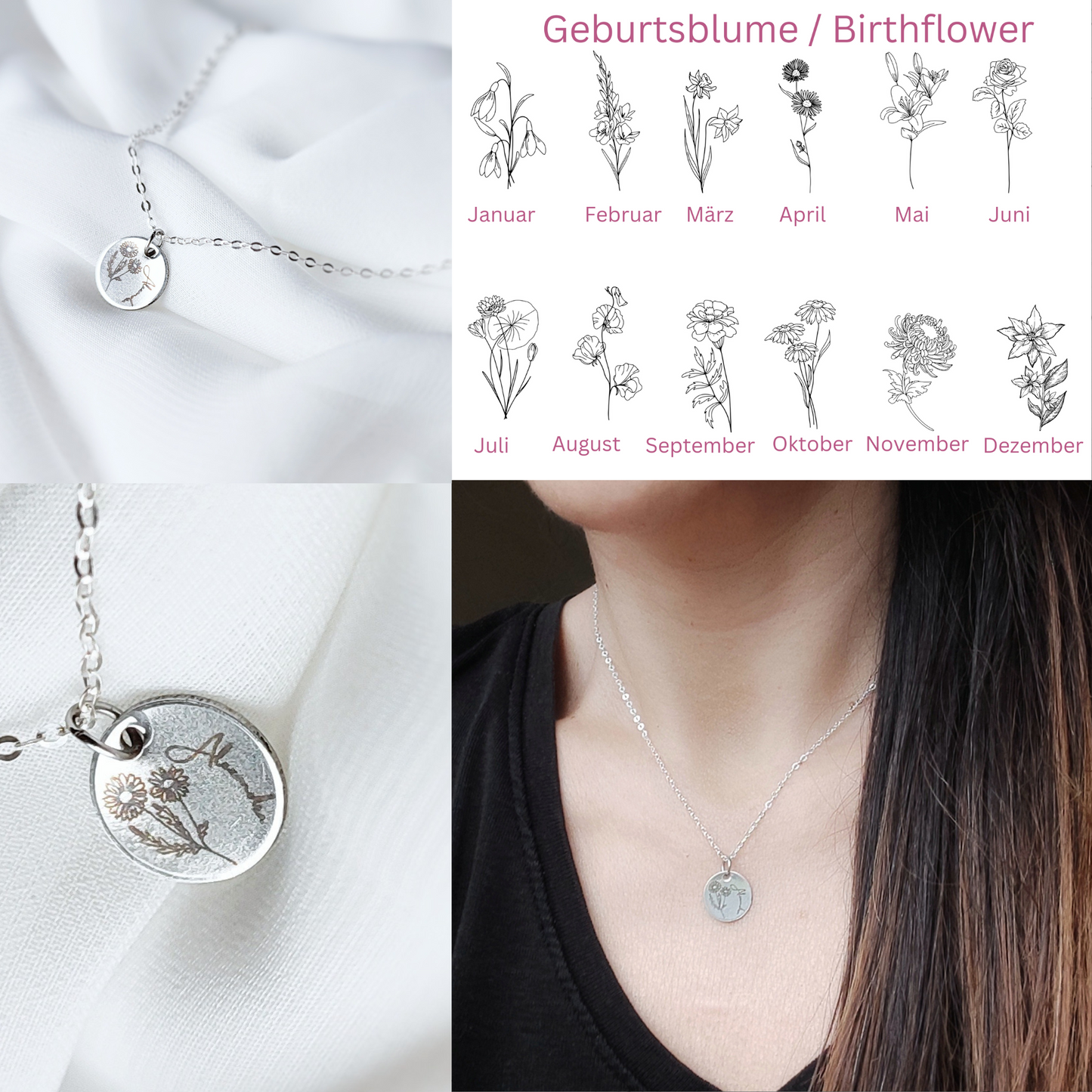 Personalisierte Geburtsblume mit Namen, Halskette mit Gravur