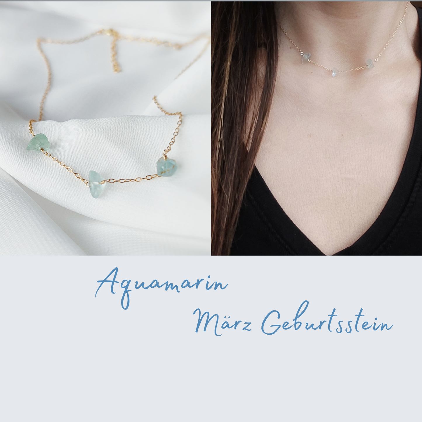Zierliche Aquamarin Rohsteinkette, März Geburtsstein Halskette mit Aquamarin Rohsteinen