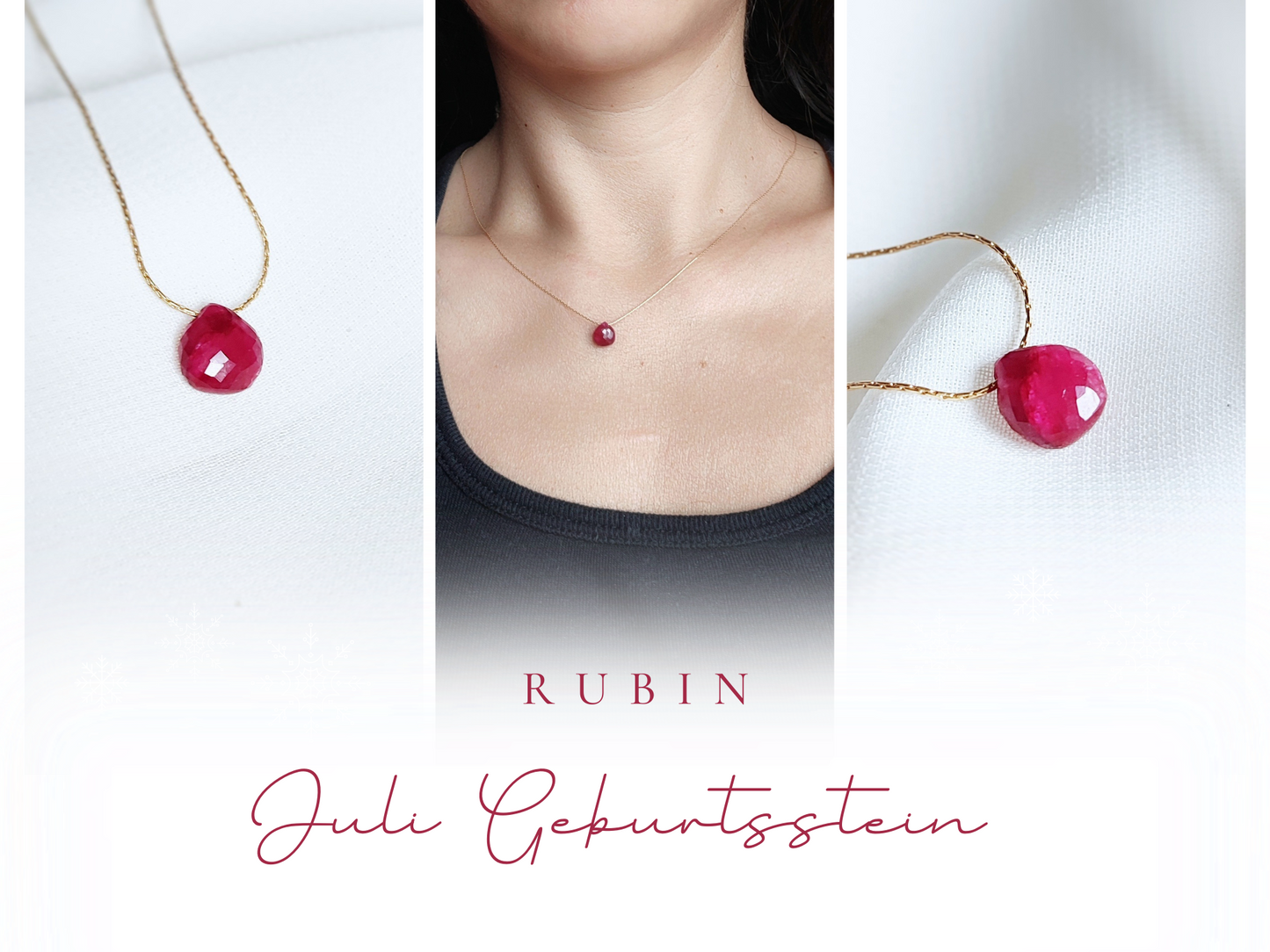 Rubin Halskette in Gold, kleiner Rubinn Tropfen, Juli Geburtssteinkette